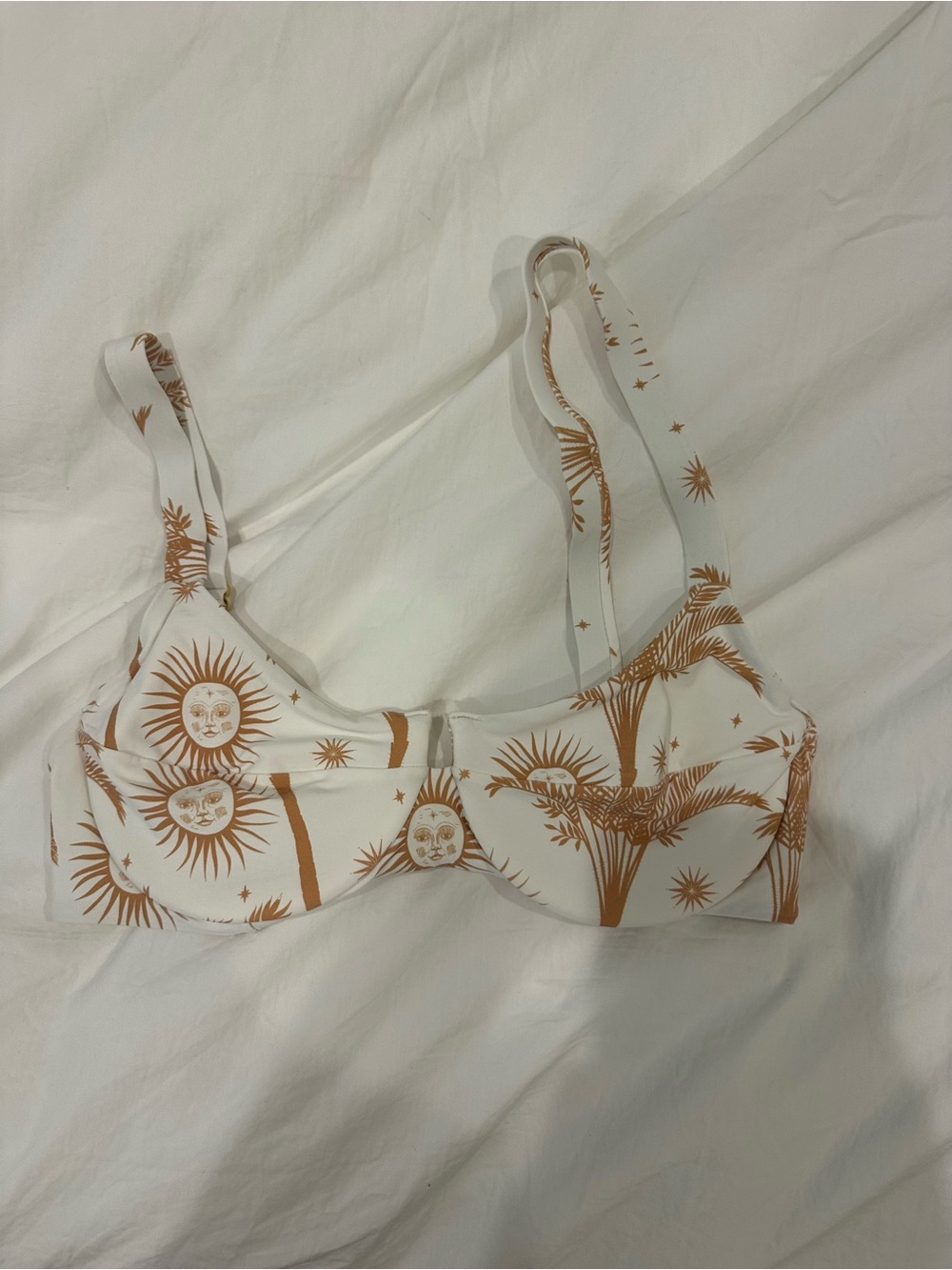White Bikini Top with Brown Sun & Palm Print